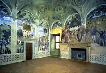 Die Camera degli Sposi oder Camera Picta mit Szenen vom Hof von Mantua, zeigt den Marchese Ludovico Gonzaga III und seine Frau Barbara von Brandenburg, ihre Kinder, Höflinge und Tiere, 1465-